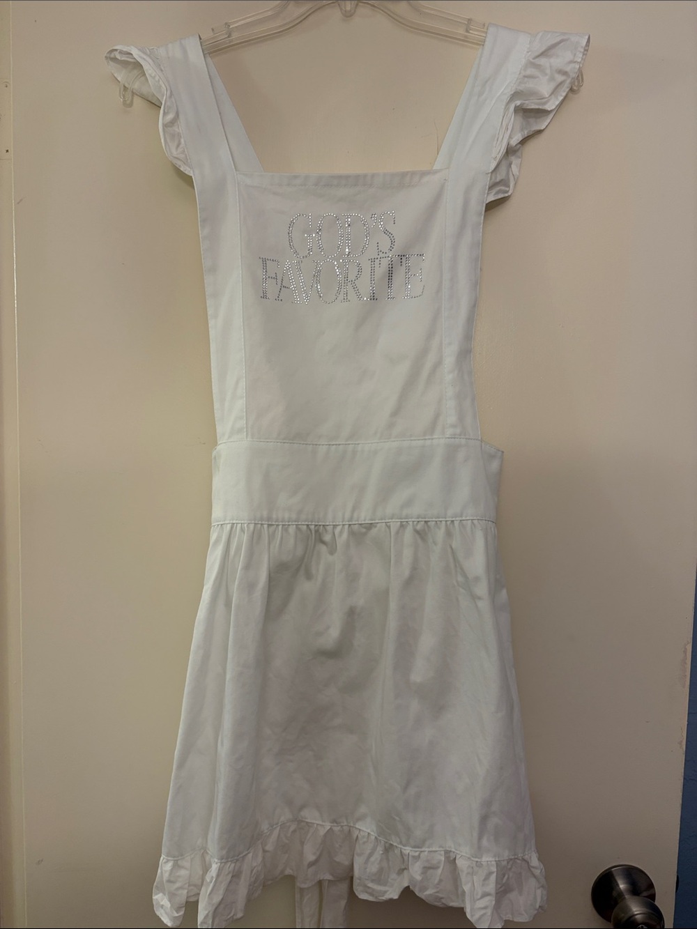 White  Ruffle-Pocket Apron with 'God's‎ Favorite' Crystal Detail, L